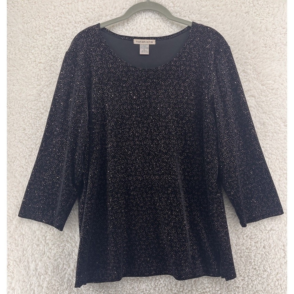 Notations Black Velvet Pink Metallic Floral Top Women's Size XL Vintage Stretch